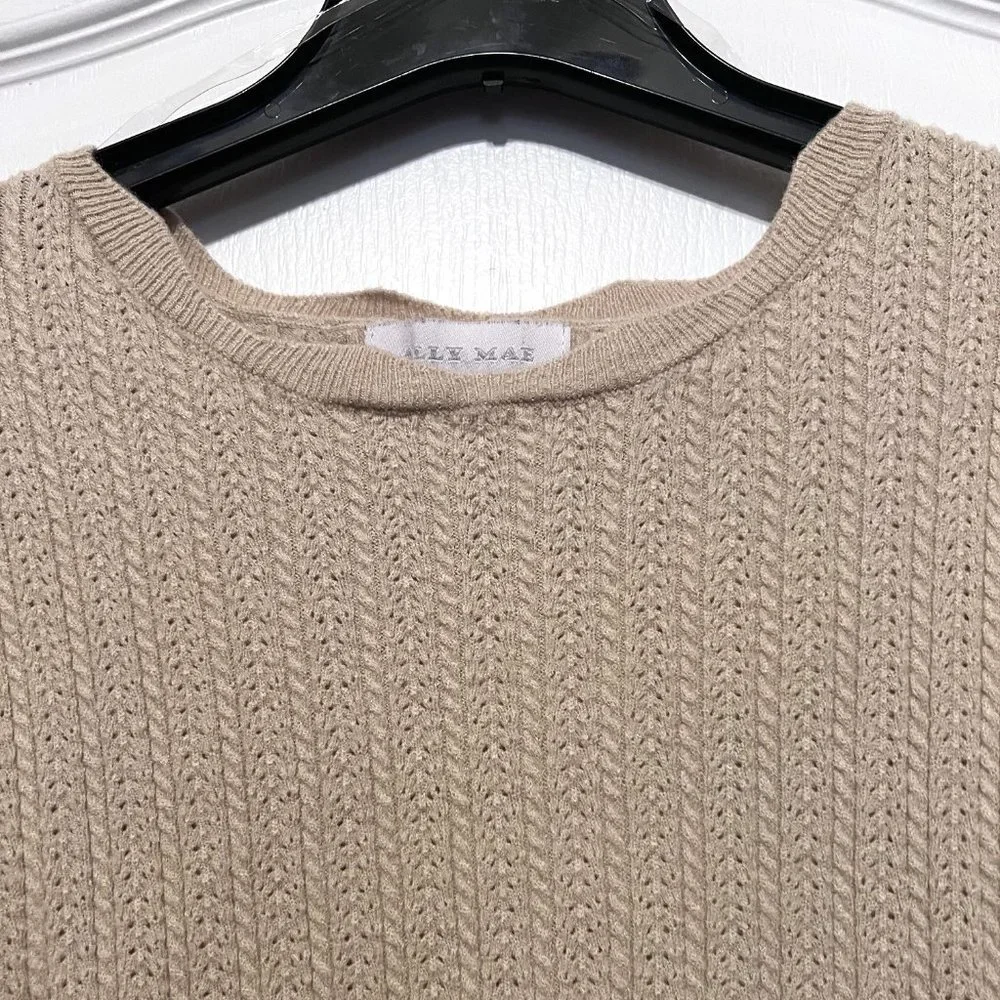 Ally Mae Tan & Black Trim Flutter Short Sleeve Sweater-Size Large-Women's-Casual - Picture 9 of 14